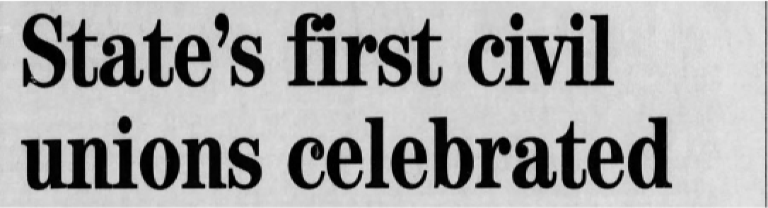 Delaware newspaper clipping announcing, State’s first Civil unions celebrated of two smiling women getting married.