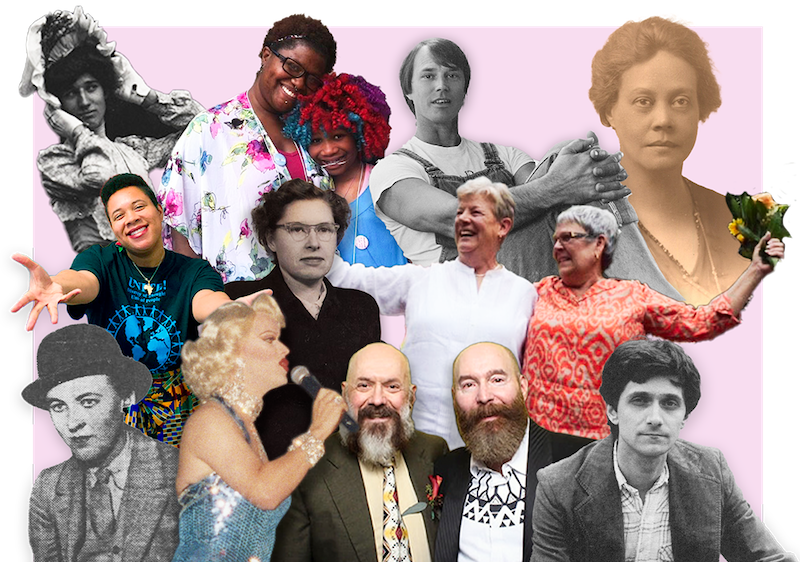 Collage of queer individuals in black and white portraits, spanning various ages and historical periods.