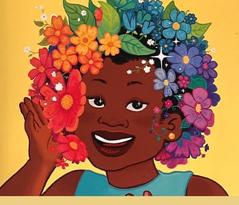 An illustration of a smiling Black girl wearing a purple, hot pink and teal wig.