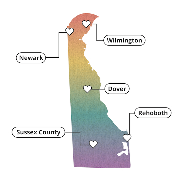 Map of Delaware with heart icon markers at: Newark, Wilmington, Dover, Rehoboth and Sussex County.