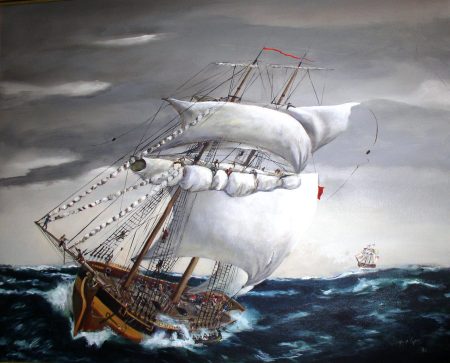 Photo of a painting of the capsizing of the DeBraak by Peggy Kane, 1990.