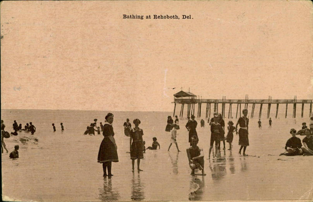 Bathing at Rehoboth, Del. - stamp: 1c Benjamin Franklin, Caley Postcard Collection, Courtesy of Delaware Public Archives