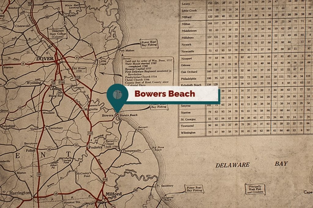 Image: Map of Delaware marking the location of Bowers Beach.