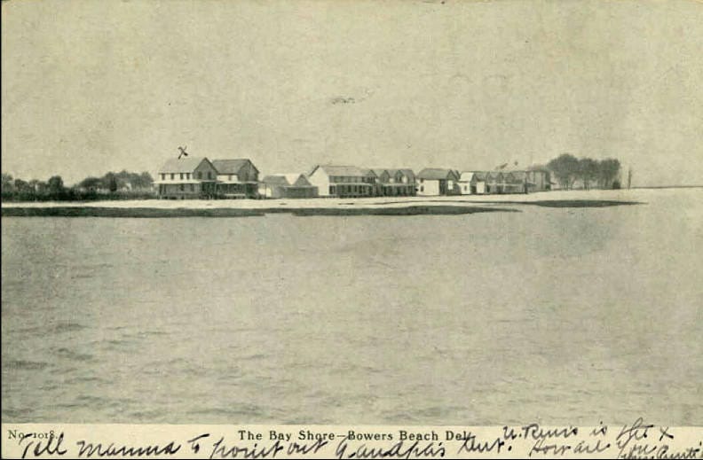 Image: Postcard featuring cottages along Delaware Bay in Bowers Beach, Delaware. Courtesy of the Delaware Public Archives, Caley Postcard Collection. 1906