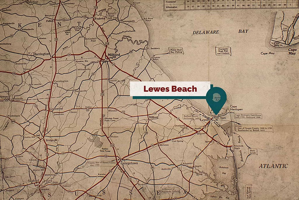 Approximate area of Lewes Beach, Delaware. Delaware Official Road Map, 1940, paper, 1985.035. Image courtesy of Delaware Division of Historical and Cultural Affairs.