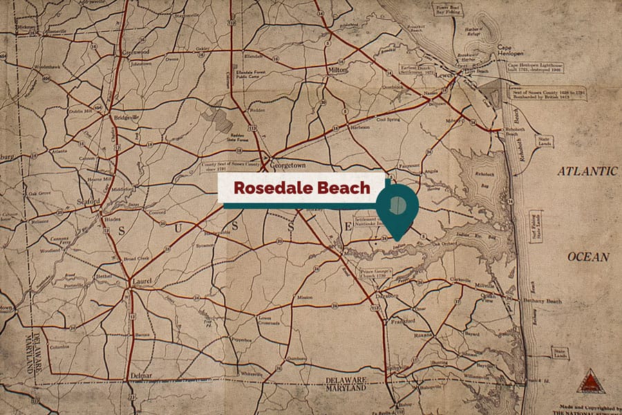 Approximate area of Rosedale Beach, Delaware. Delaware Official Road Map, 1940, paper, 1985.035. Image courtesy of Delaware Division of Historical and Cultural Affairs.