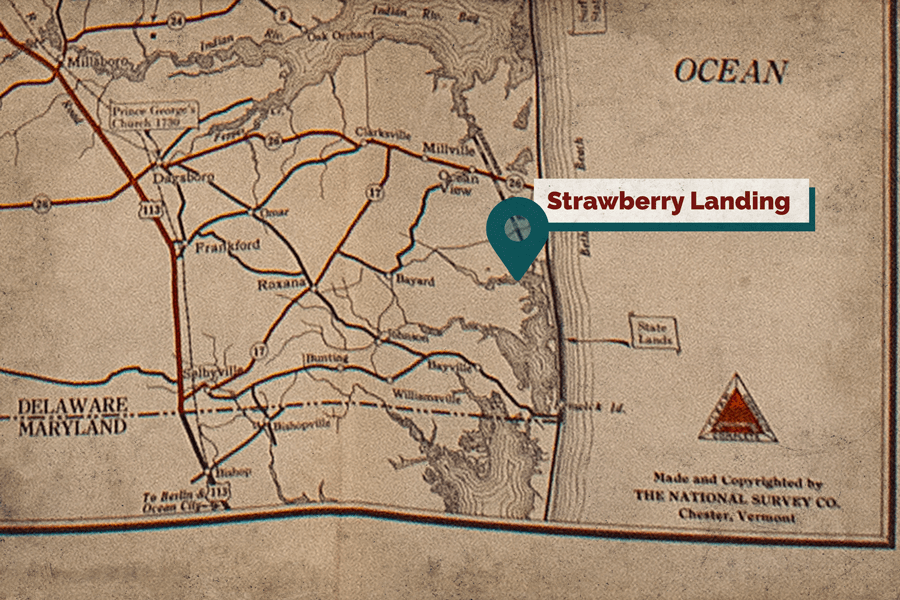 Approximate area of Strawberry Landing, Delaware. Delaware Official Road Map, 1940, paper, 1985.035. Image courtesy of Delaware Division of Historical and Cultural Affairs.