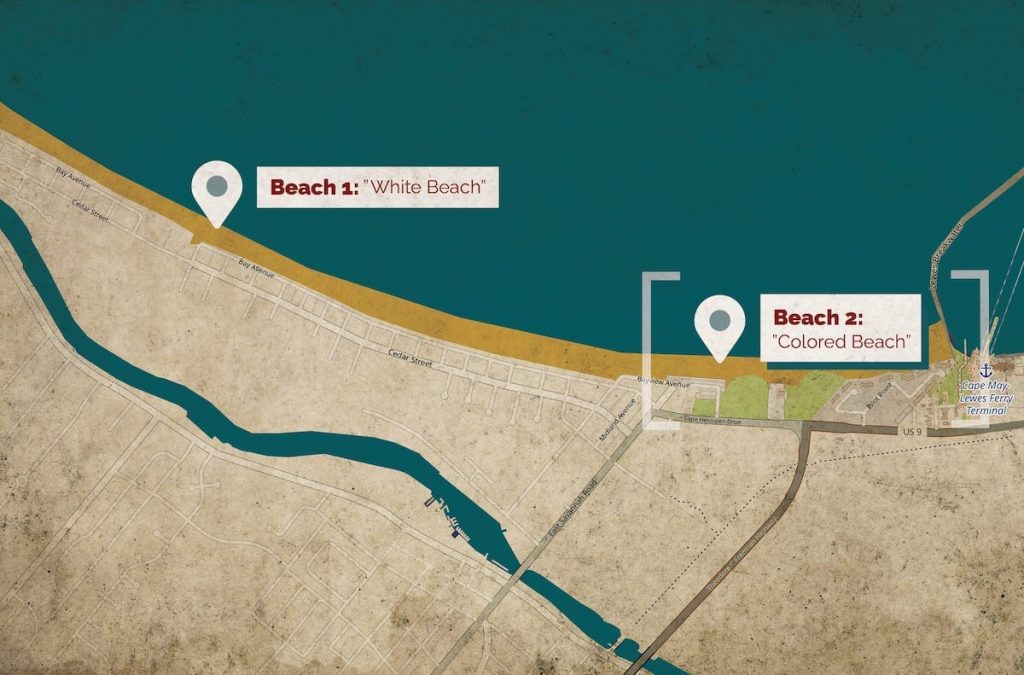 Graphic rendering of a arial map featuring the historic White Beach represented as Beach 1 and the historic Colored Beach identified by Beach 2. The area of the Colored Beach, Beach 2, is outlined in brackets and located towards Cape May Lewes Ferry Terminal.
