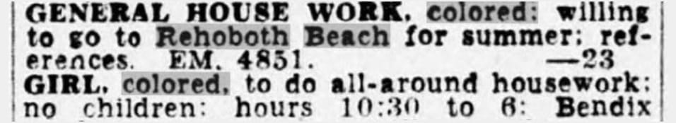 Newspaper clipping of May 23, 1948 edition of The Sunday Star – help wanted advertisements for “colored” workers to do housework.