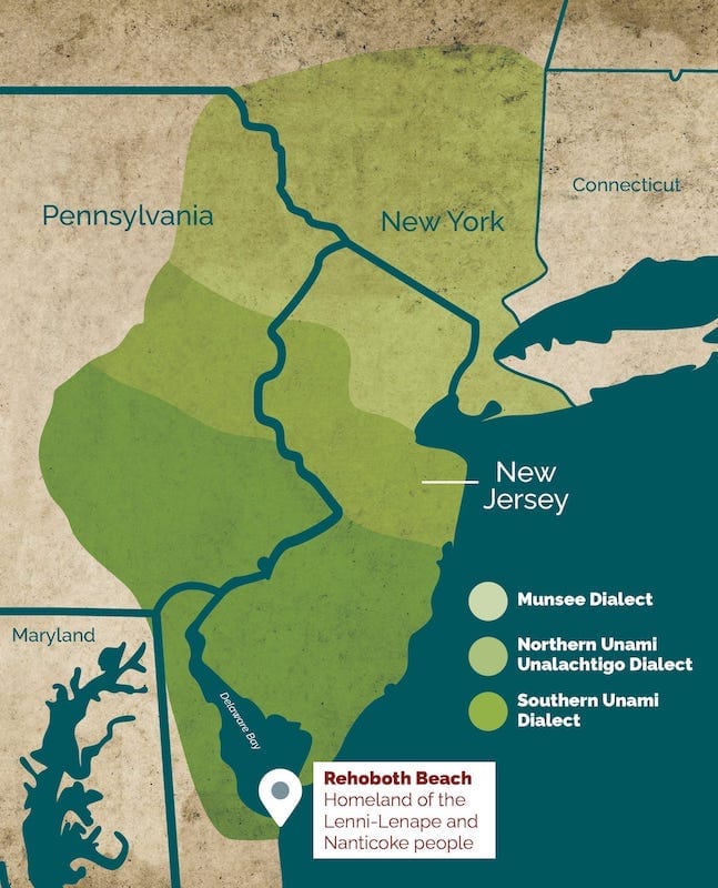 Map showing homeland of the Lenni-Lenape and Nanticoke people with a place marker in Rehoboth Beach