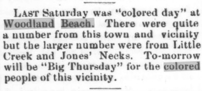 Newspaper clipping of Smyrna Times August 12 1891 news article about Woodland Beach "Colored Day" and "Big Thursday" event