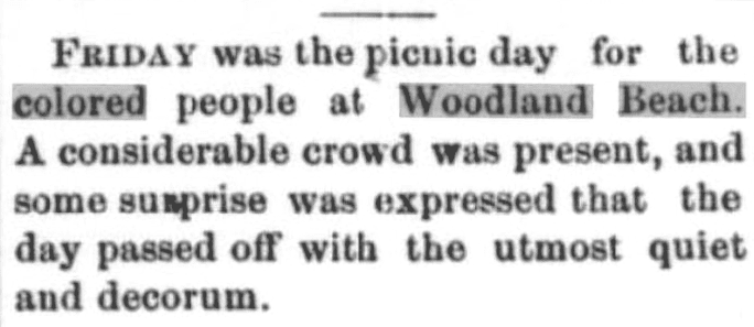 Newspaper clipping of Smyrna Times - August 20, 1890 article about picnic day for colored people at Woodland Beach