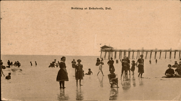 Bathing at Rehoboth, Del. - stamp: 1c Benjamin Franklin," Delaware Public Archives, 9015-028-000 Caley Postcard Collection