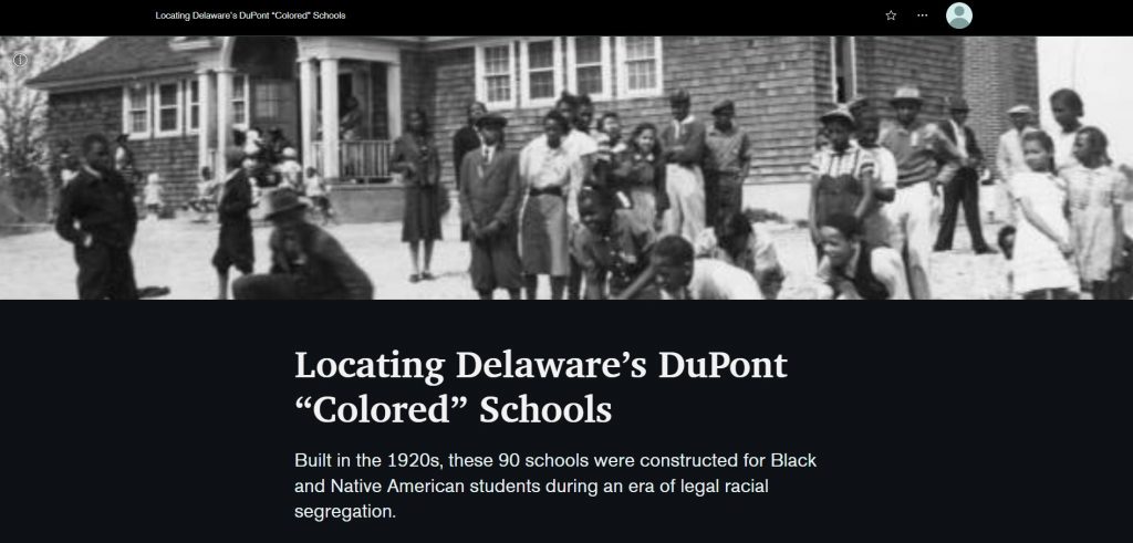 This black and white graphic includes and image of Black and Native American students out front of one of the DuPont Schools in Delaware in the 1920s during an era of legal racial segregation.
