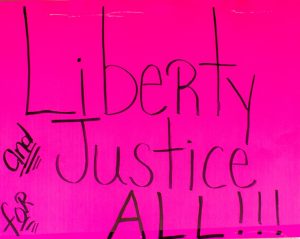 A hot pink sign reads "Liberty and Justice For All!!!"
