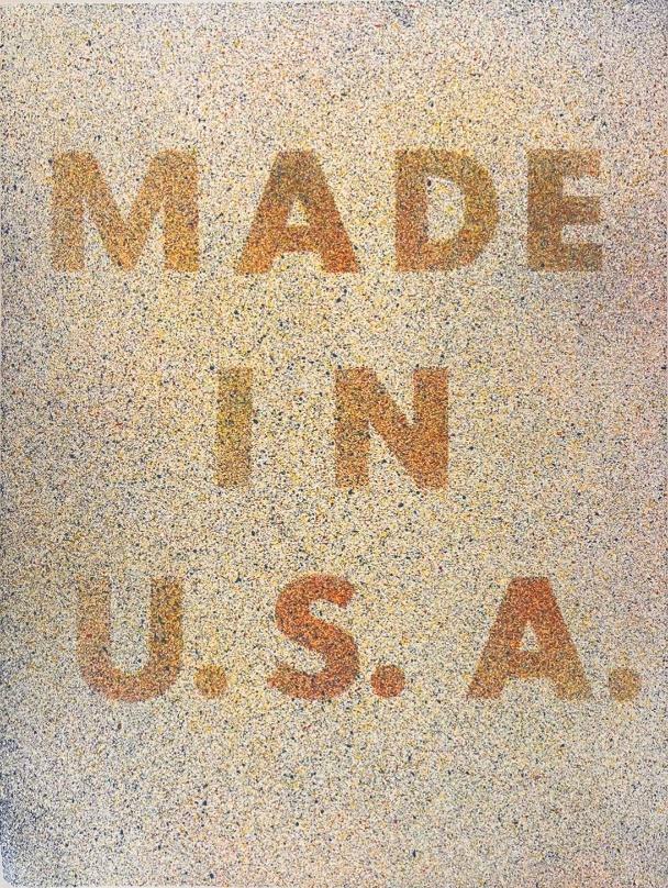 This brownish image says "Made in U.S.A." an dis a work of art by Edward Ruscha (American, B. 1937), America Her Best Product, Color lithograph on Rives BFK paper, 1974, 1976.288, Delaware Division of Historical and Cultural Affairs, Gift of Lorillard, A Division of Loews Theatres, Inc., © 2023 Edward Ruscha. 
