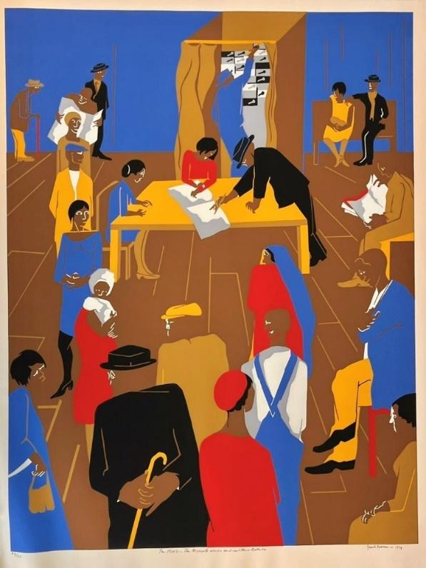 Jacob Lawrence (American, 1917-2000), The 1920's...The Migrants Cast Their Ballots, Serigraph, 1974, 1976.294, Delaware Division of Historical and Cultural Affairs, Gift of Lorillard, A Division of Loews Theatres, Inc., © 2023 Jacob Lawrence / Artists Rights Society (ARS), New York. 