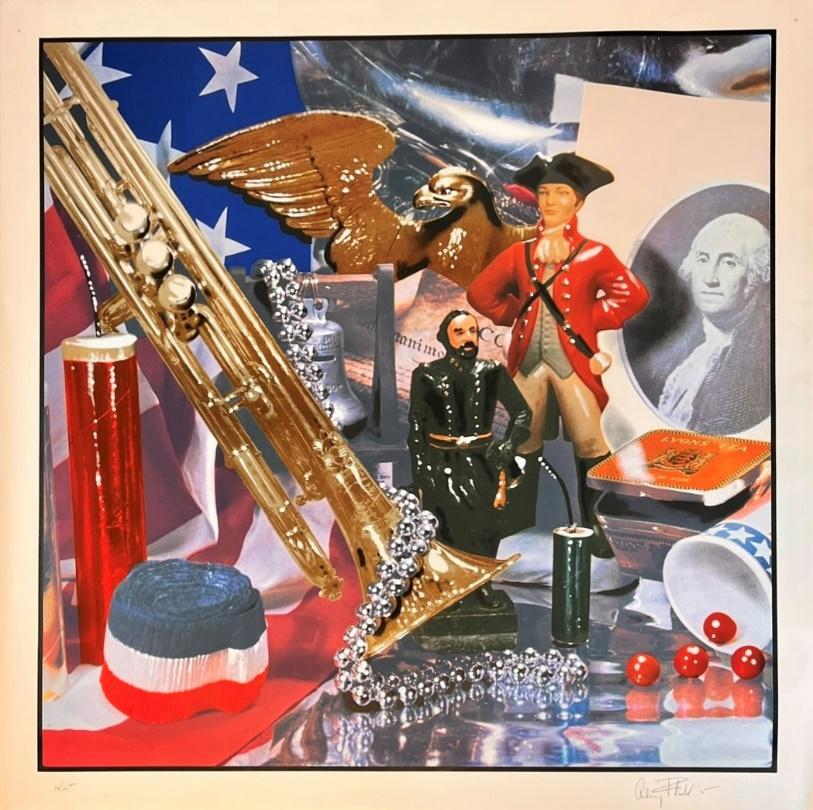 This piece of art includes an eagle, solders, musical instruments and more. It is by Audrey Flack (American, B. 1931), Fourth of July Still Life, Serigraph, 1975, 1976.298, Delaware Division of Historical and Cultural Affairs, Gift of Lorillard, A Division of Loews Theatres, Inc.