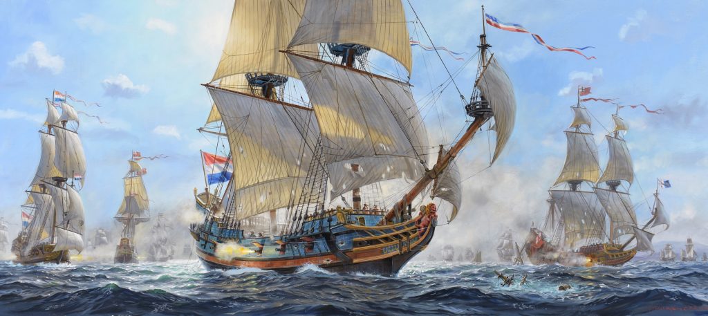 This images shows a colorful oil painting of the tall ship, the Kalmar Nyckel, at the Battle of Buchan Ness in 1652. It's surrounded but other ships on choppy seas.