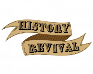 A ribbon banner logo for the "History Revival" program series to be held throughout August 2023 at the New Castle Court House Museum.