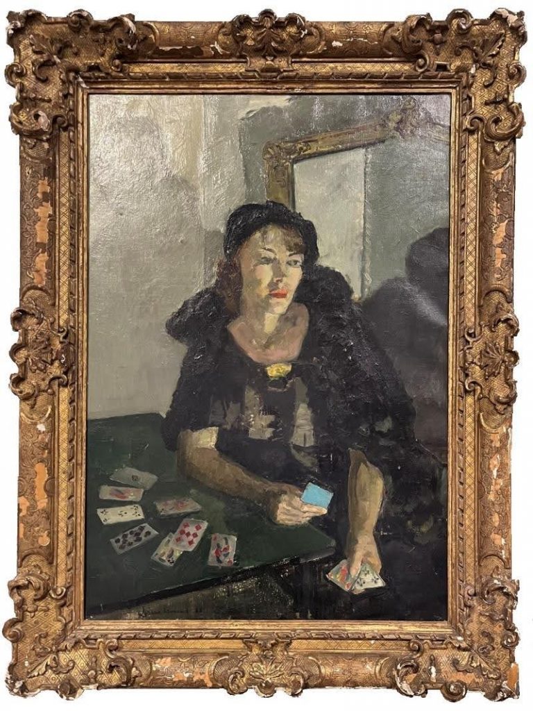 An image of "La Femme avec Carte" (or "The Woman with the Card"), an oil painting by French artist Diane Esmond (1910-1981).