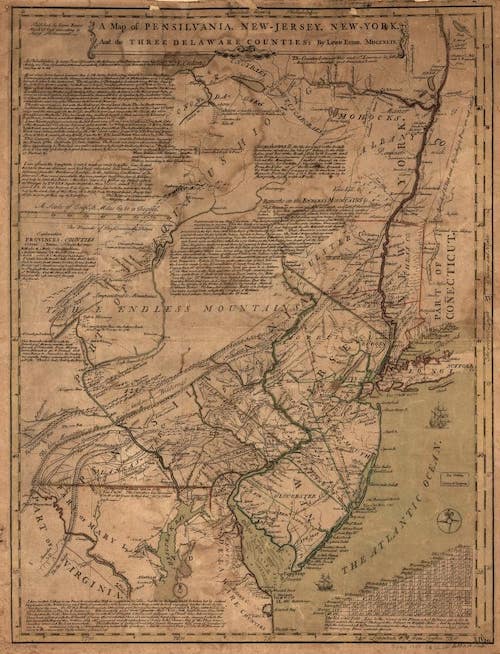 A map depicting colonial Delaware, Maryland and New Jersey. Delaware is labeled as “Delaware counties.”