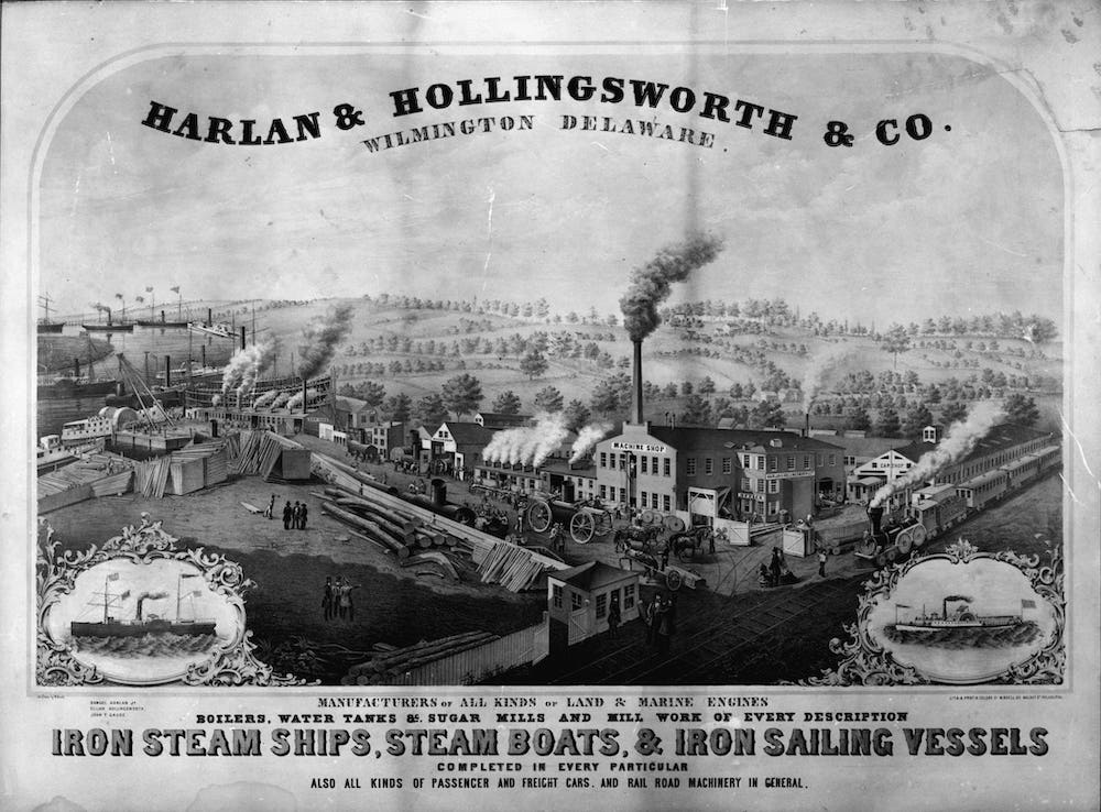 An illustration of a steam ship factory with a train in the foreground and boats on a river in the background.