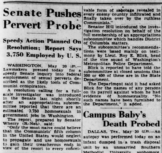 An article titled “Senate Pushes Pervert Probe…Report Says 3,750 (homosexuals) employed by U.S.”