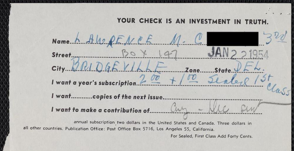 A ONE magazine subscription card filled-out by a “Lawrence” from Bridgeville, Delaware.