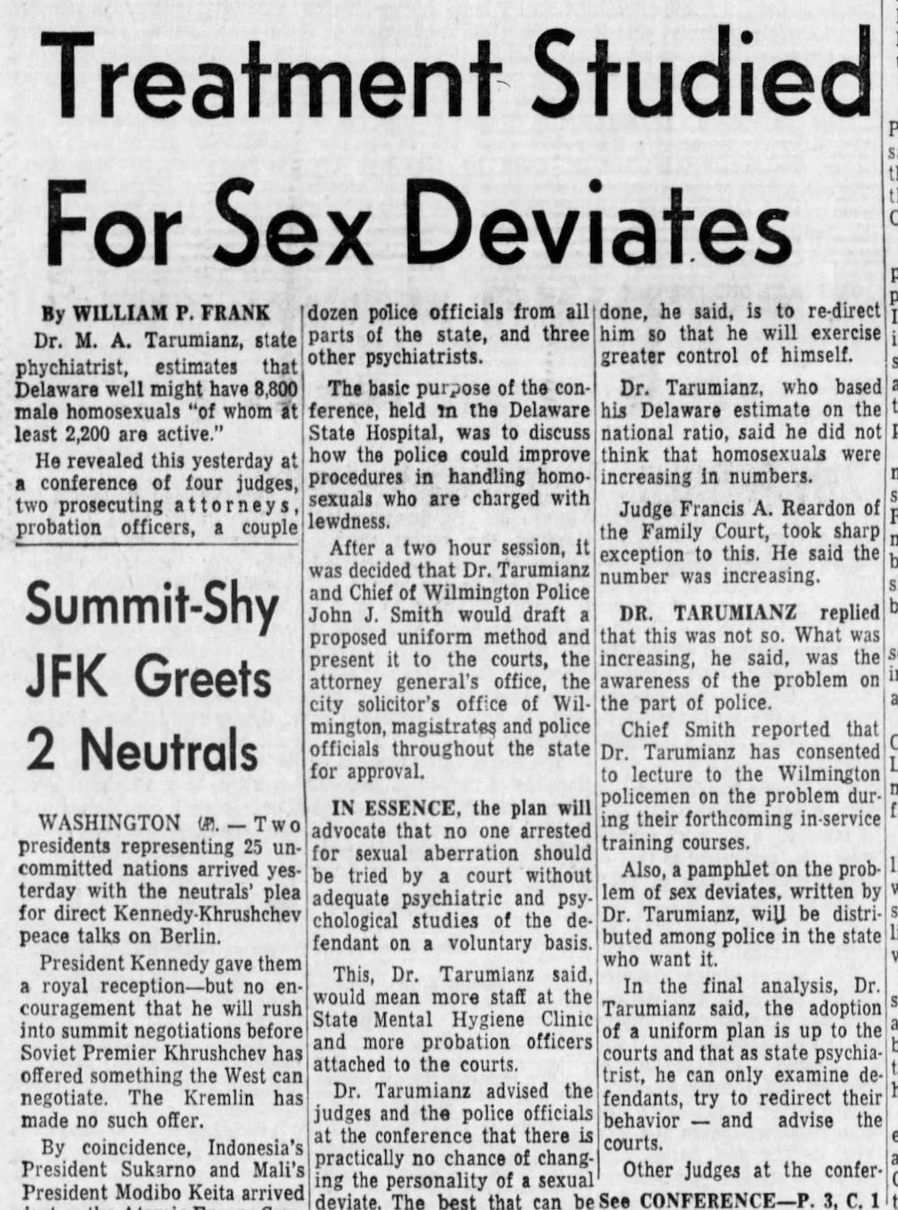 An article with the title, “Treatment Studied for Sex Deviates.” 