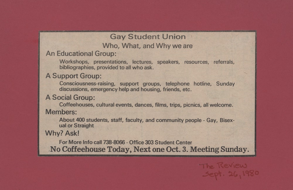 An advertisement lists the club as an educational, support, and social group of about 400 students, staff, faculty and community people.