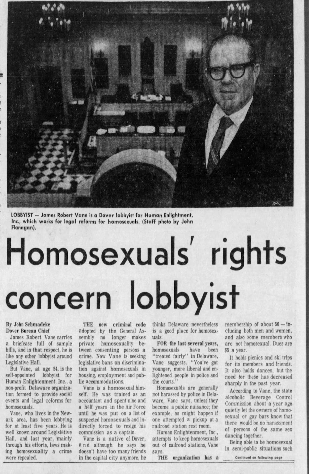An article with the title “Homosexuals’ rights concern lobbyist.” appears next to a photo of a white man wearing a suit in Legislative Hall.