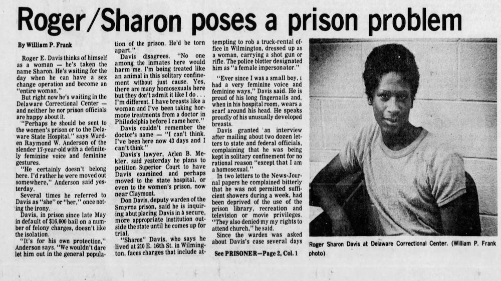 An article titled “Roger/Sharon poses a prison problem” appears next to a photo of a Black woman with short hair. 