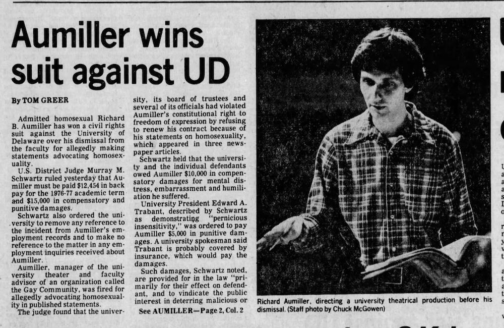 An article titled, “Aumiller wins suit against UD” appears next to a photograph of a white man with brown hair. 