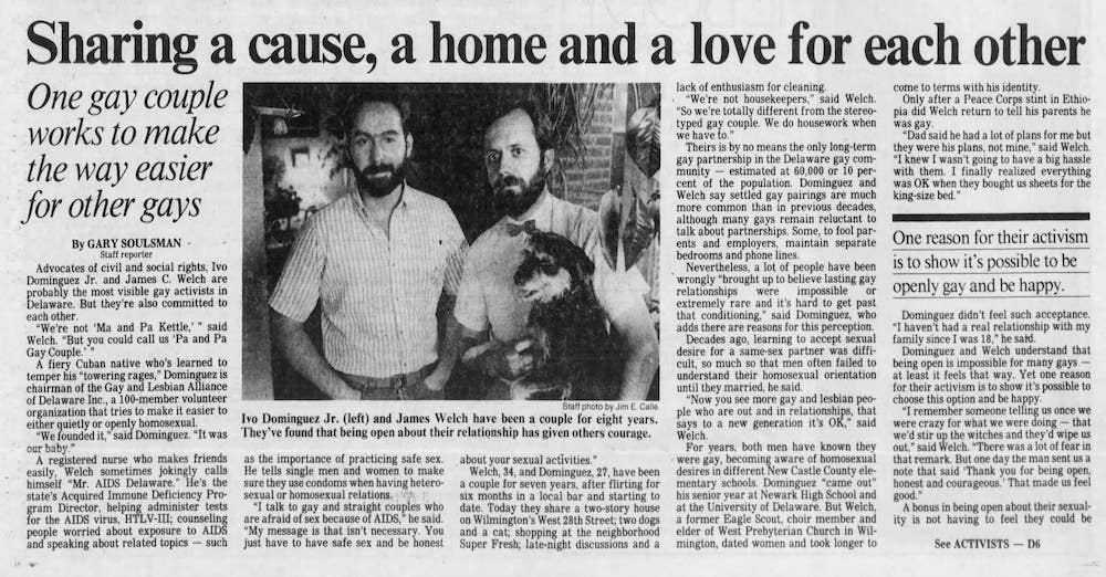 An article with the title “Sharing a cause, a home and a love for each other,” appears next to a photograph of two men and their dog.