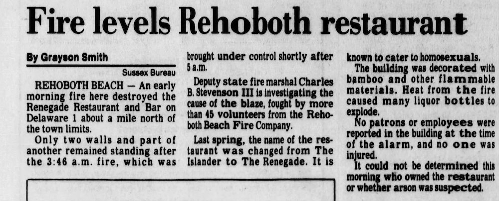 An article with the title, “Fire levels Rehoboth restaurant.”
