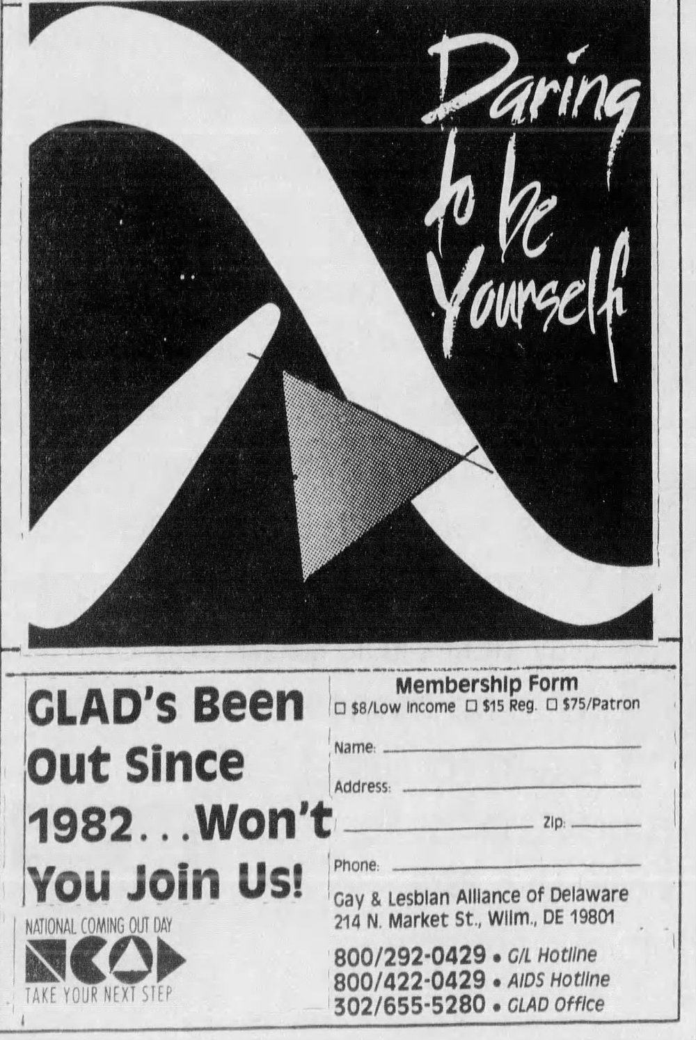 A newspaper clipping with a graphic featuring a lambda symbol and a triangle with the text “Daring to be yourself.”