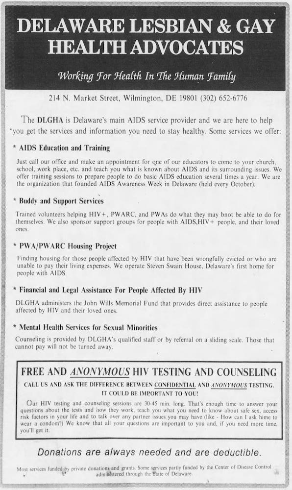 An advertisement which lists services like AIDS Education, Financial and legal support, and free and anonymous HIV testing.