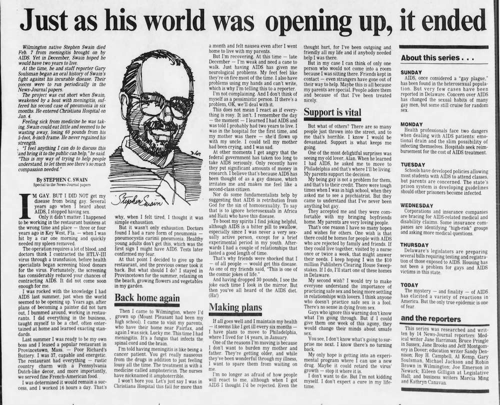 An article with an illustration of a white man with glasses appears next to an article titled, “Just as his world was opening up, it ended.”