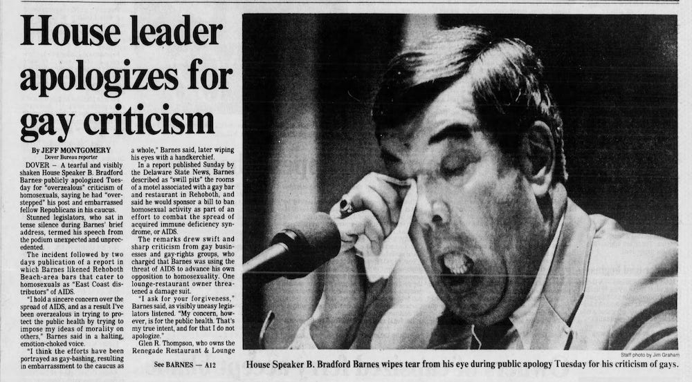 An article titled “House leader apologizes for gay criticism,” shows Rep. Bradford Barns crying in front of a microphone.