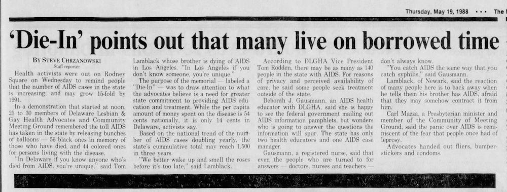 A newspaper article titled “Die-in’ points out that many live on borrowed time.”