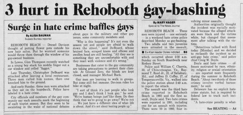 An article titled, “3 hurt in Rehoboth gay-bashing.