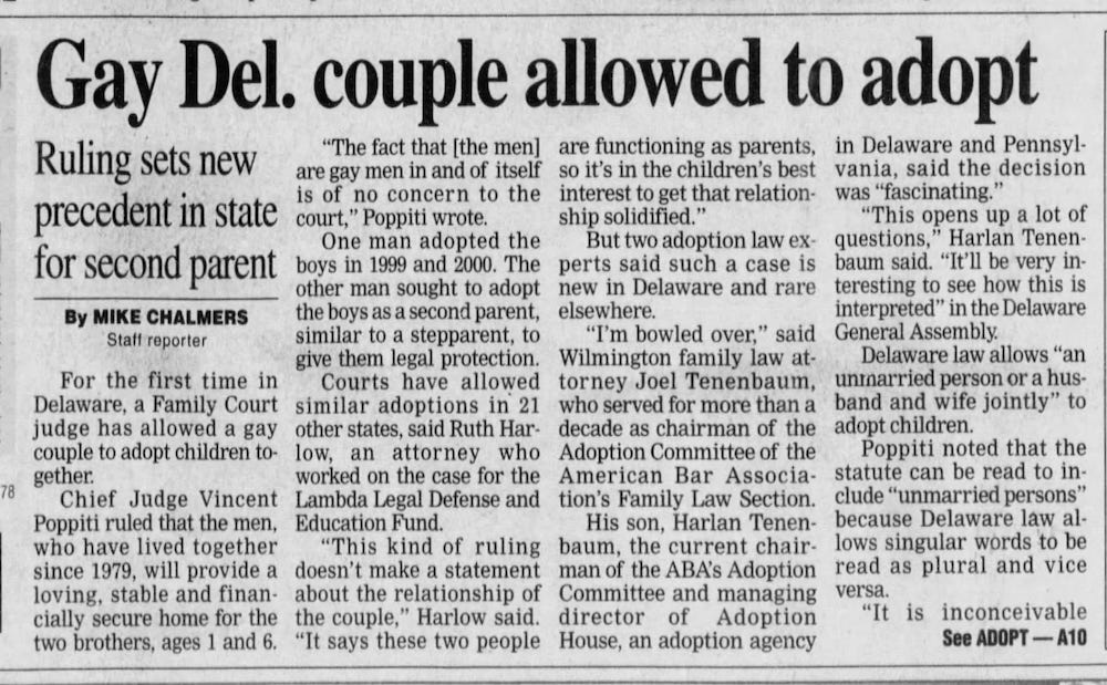 An article titled “Gay Delaware couple allowed to adopt.”