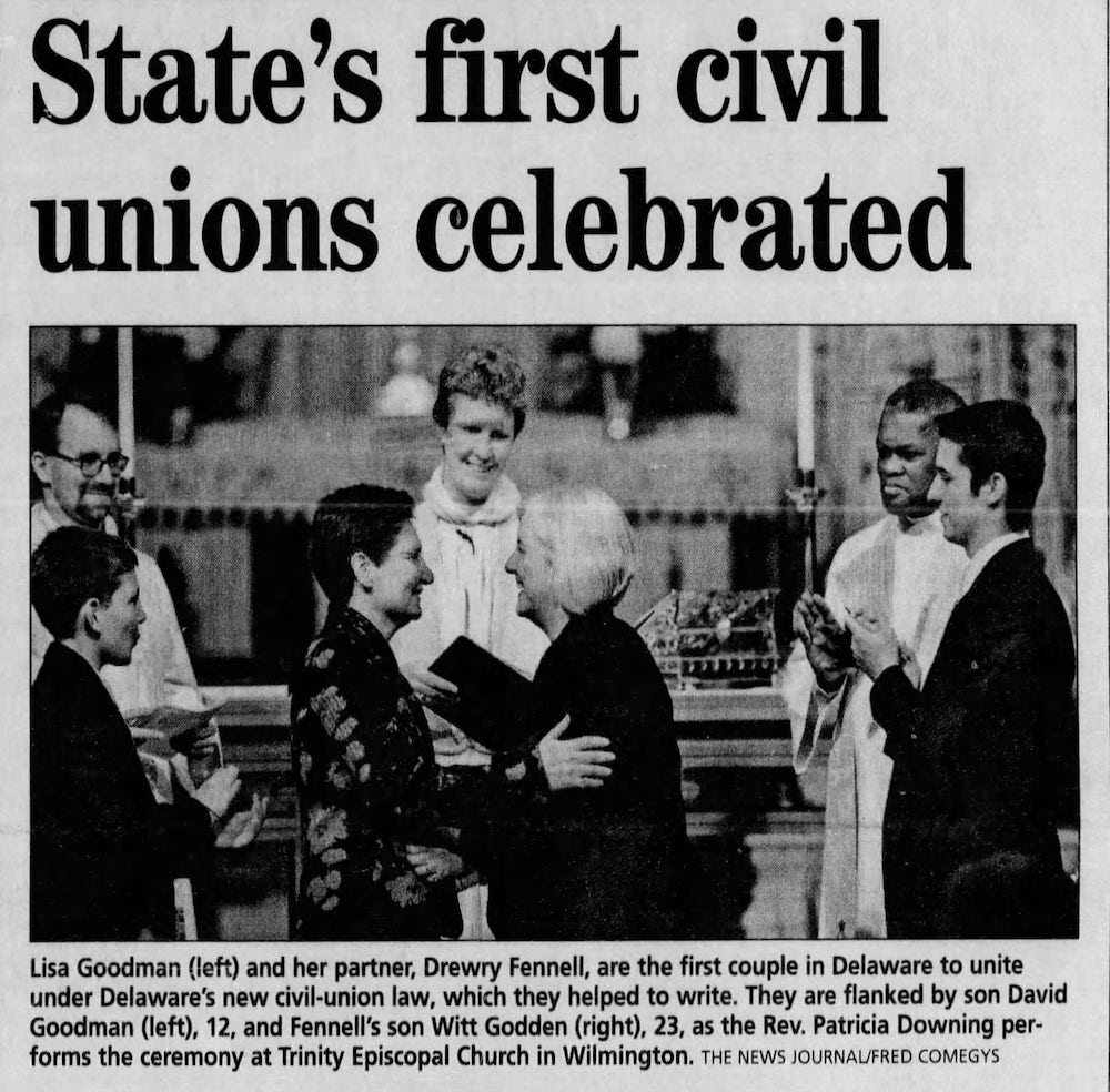 An article with the title, “State’s first civil unions celebrated,” appears with a photo of two white women embracing inside of a church.