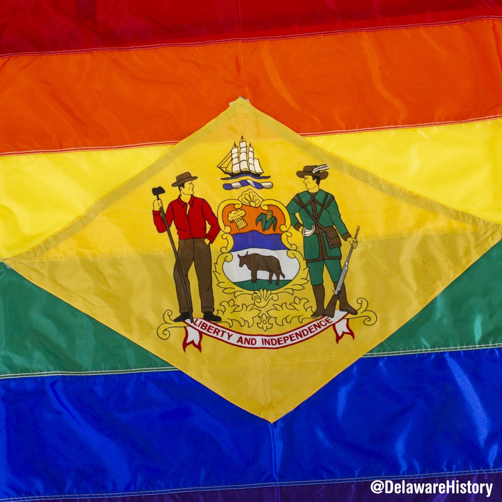 A rainbow flag with the Delaware state seal in the center.
