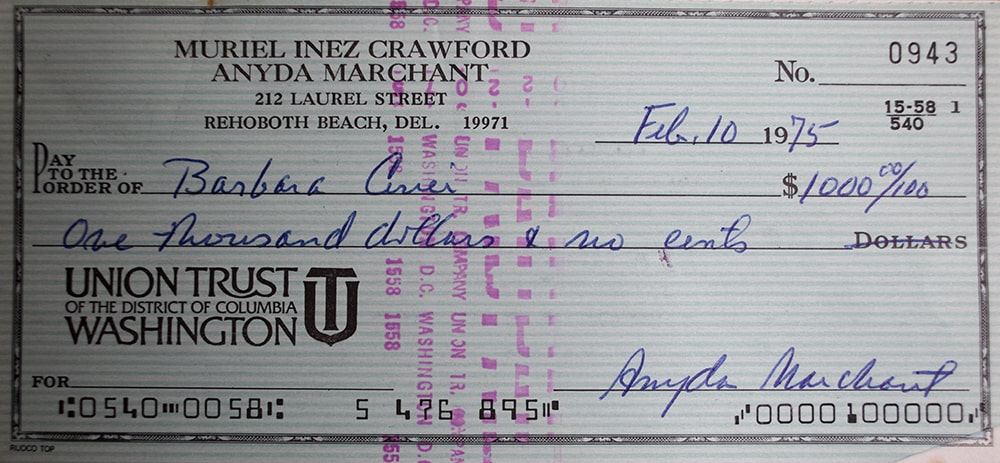 A check made out to Barbara Grier for $1,000 from Muriel Crawford and Anyda Marchant on February 10, 1975.