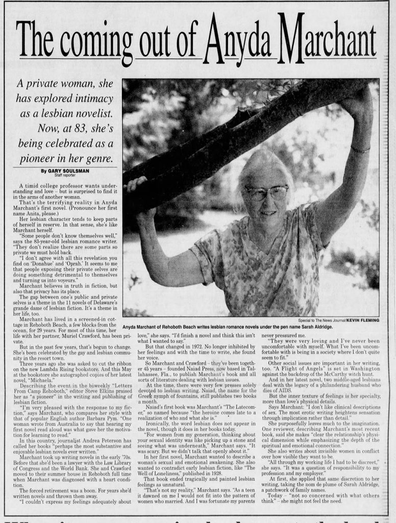 An article featuring a photograph of an elderly white woman standing under a tree branch. She smiles and holds on to the branch above her.