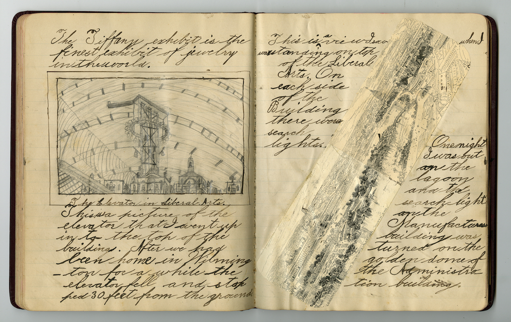 Two pages of a journal containing cut and pasted ephemera. The left page contains a hand-drawn illustration of an elevator that had fallen 30 feet to the ground.