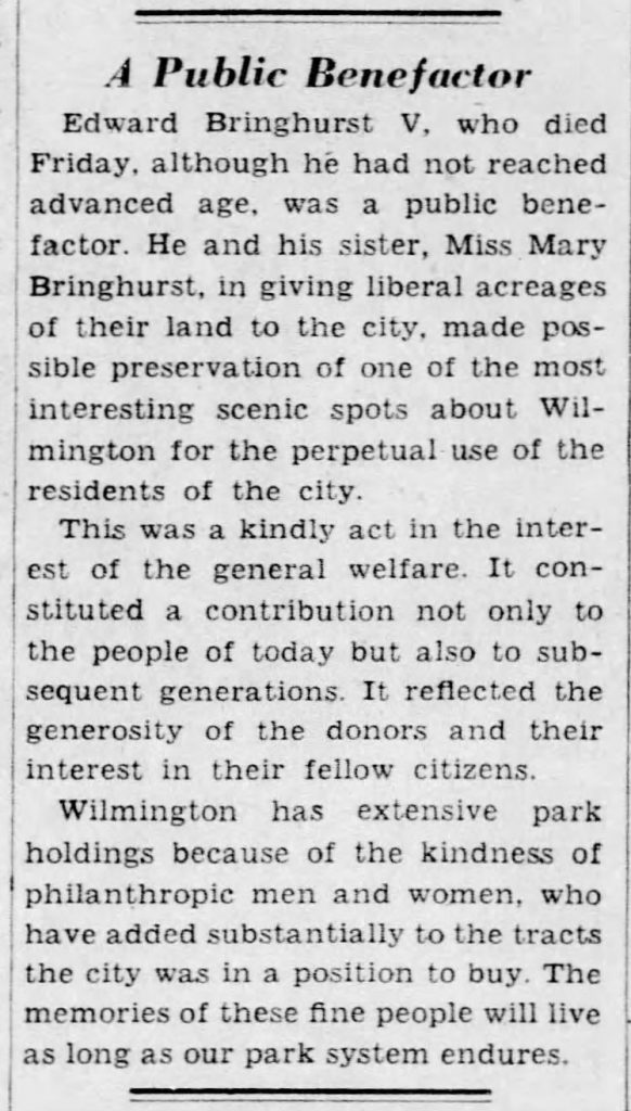 A newspaper clipping titled, “A Public Benefactor,” about the death of Edward Bringhurst III/V.