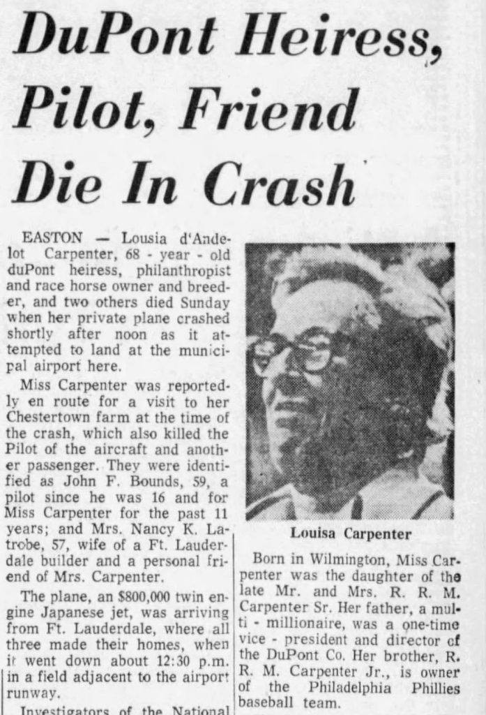 A newspaper clipping with the title, “DuPont Heiress, Pilot, Friend Die in Crash.”